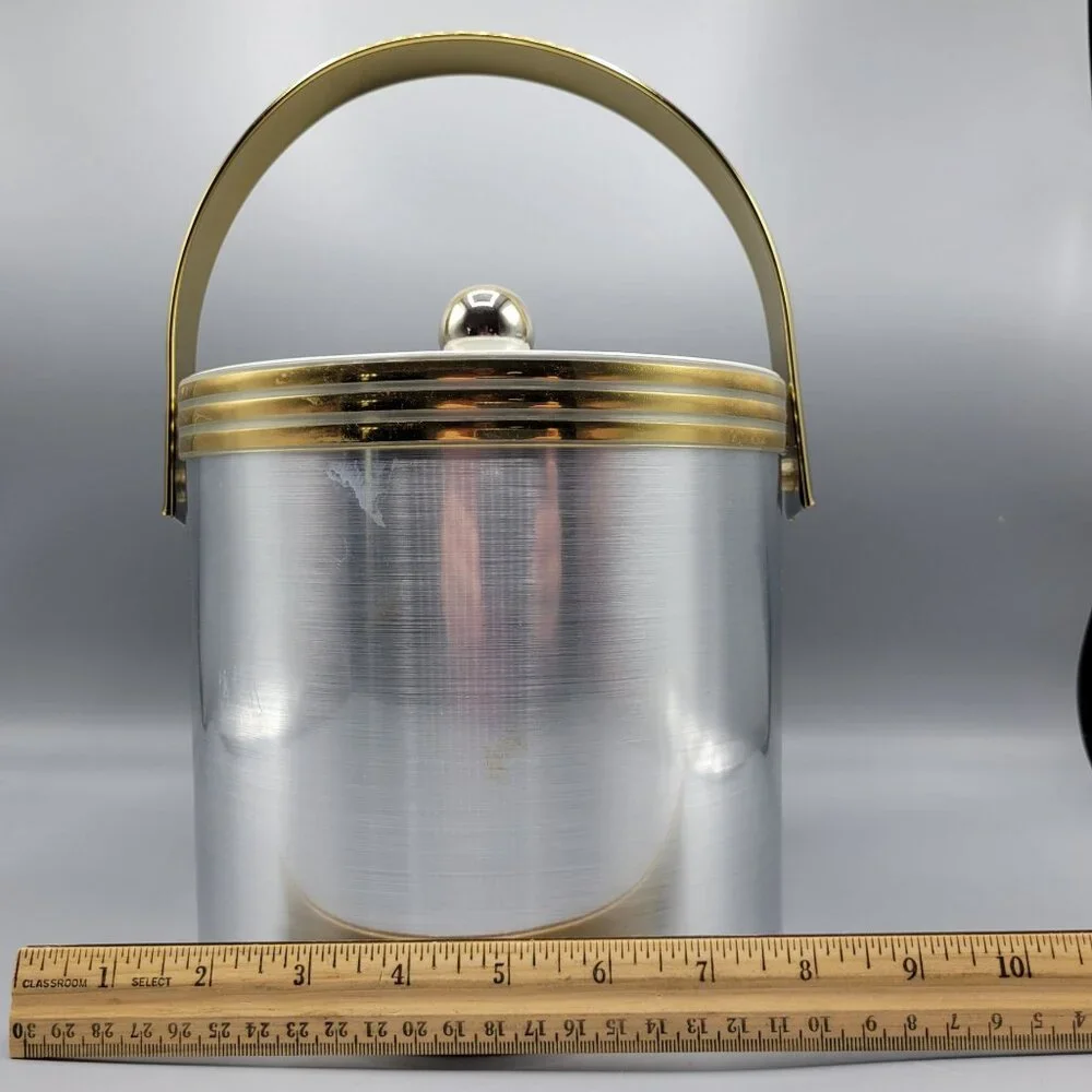 Vintage Mid Century Modern MCM Silver Gold Ice Bucket Clear Lid & Metal Handle